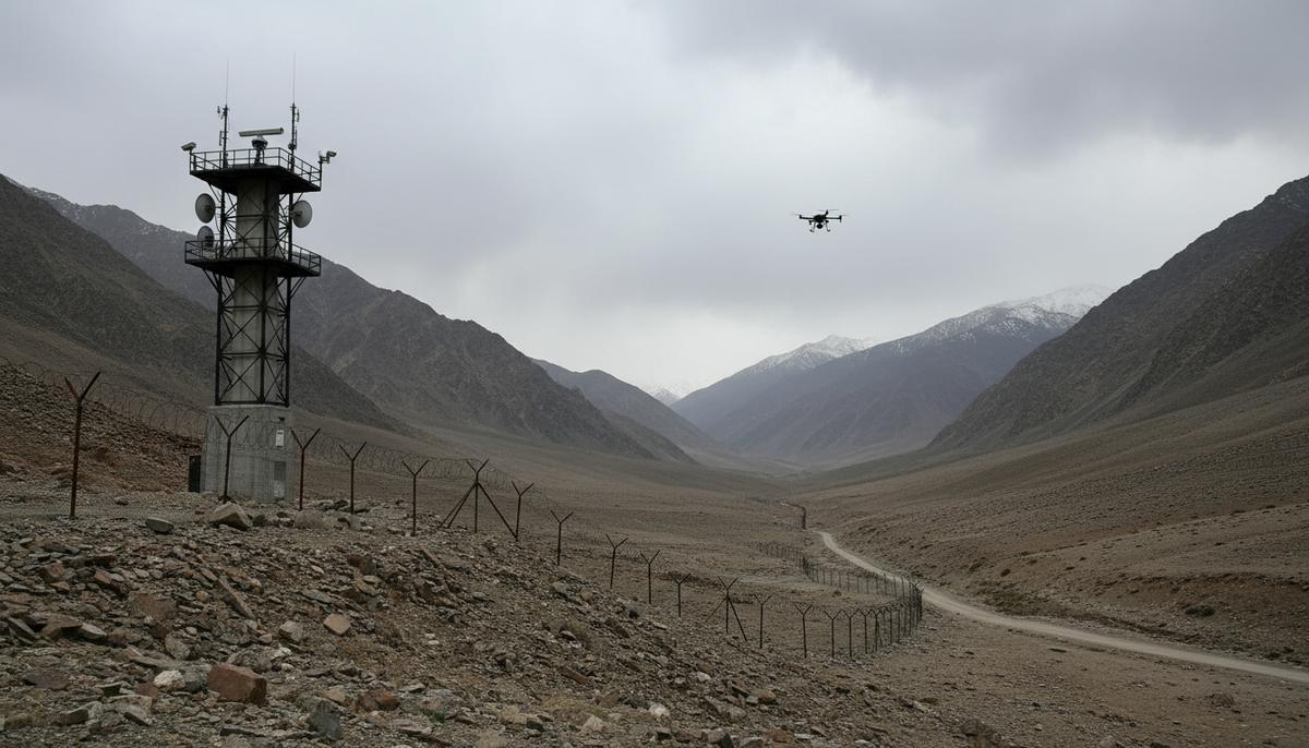 Горный перевал на границе Афганистана и Таджикистана с пограничным забором из колючей проволоки и современной наблюдательной вышкой.