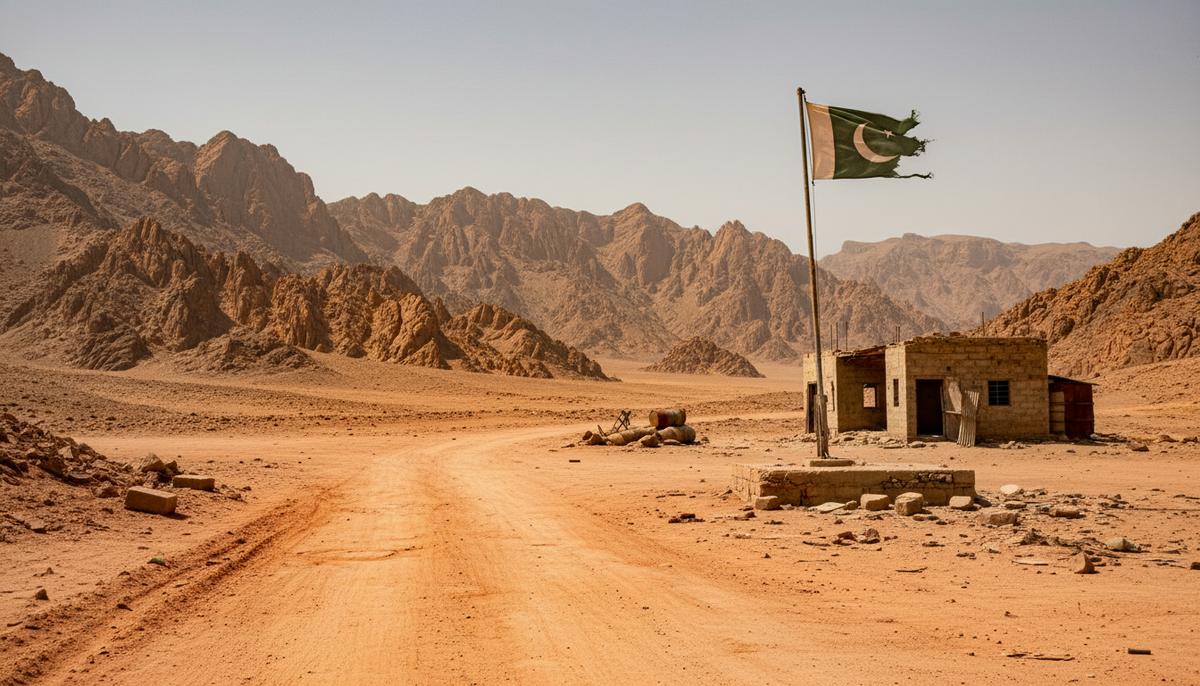 Пустынная дорога через скалистые горы Белуджистана. Вдалеке виден заброшенный военный блокпост с потрепанным пакистанским флагом.