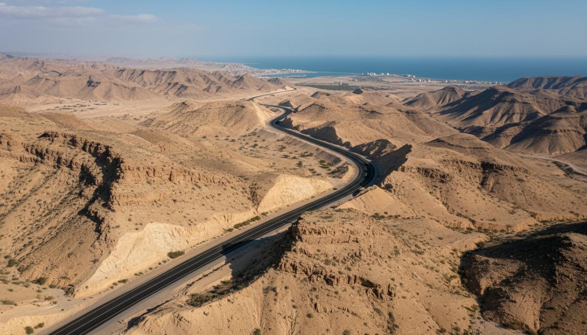 Современное шоссе Китайско-пакистанского экономического коридора (CPEC) в засушливом горном ландшафте Белуджистана, Пакистан.