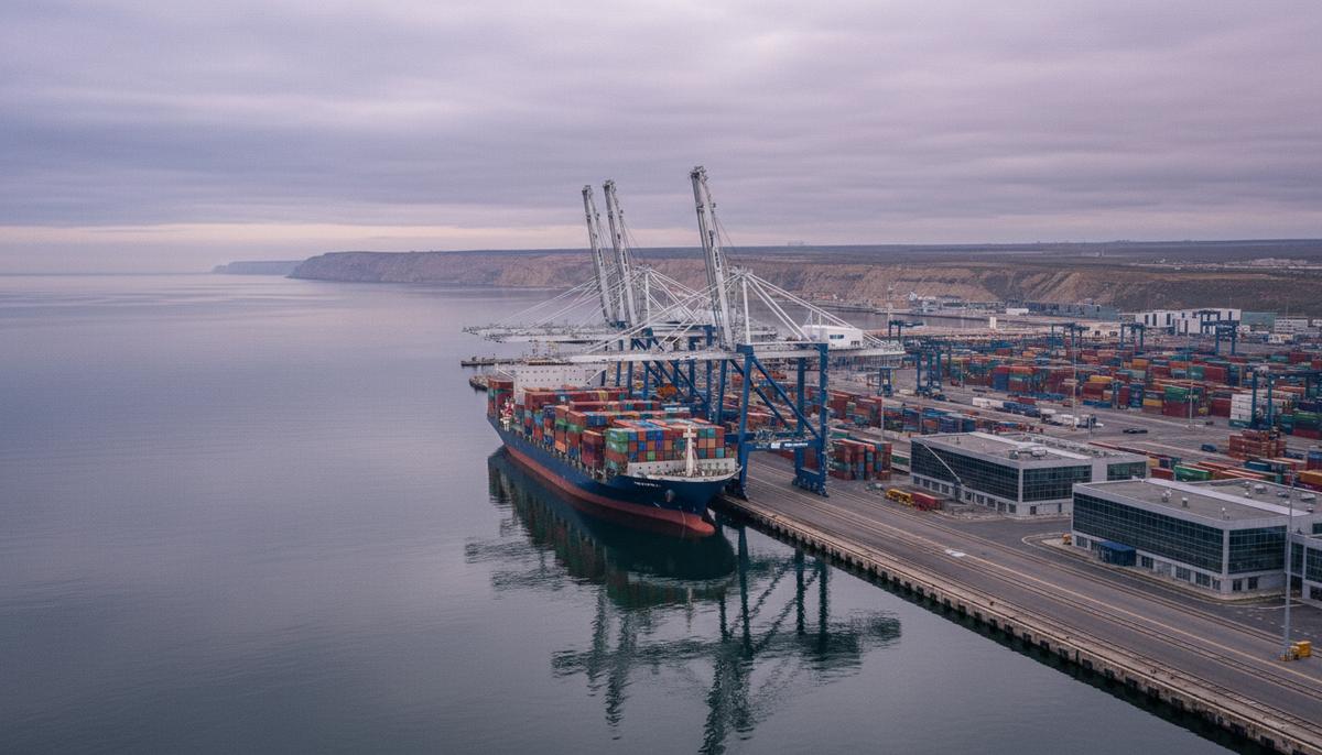 Современный контейнеровоз под погрузкой в морском порту Актау, Казахстан, на берегу Каспийского моря.