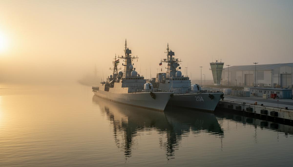 Индийский и российский военные корабли пришвартованы у пирса в порту на рассвете, в легком тумане.