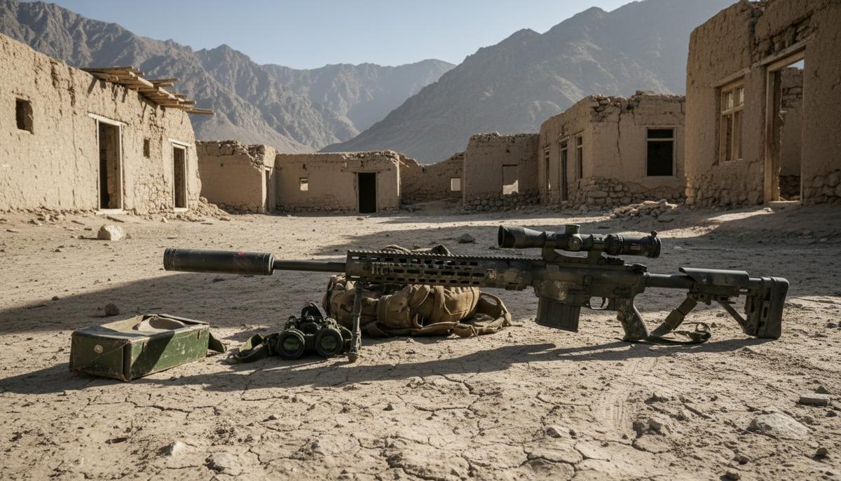 Заброшенное военное снаряжение, включая снайперскую винтовку и прибор ночного видения, на фоне пустынного горного пейзажа Афганистана.