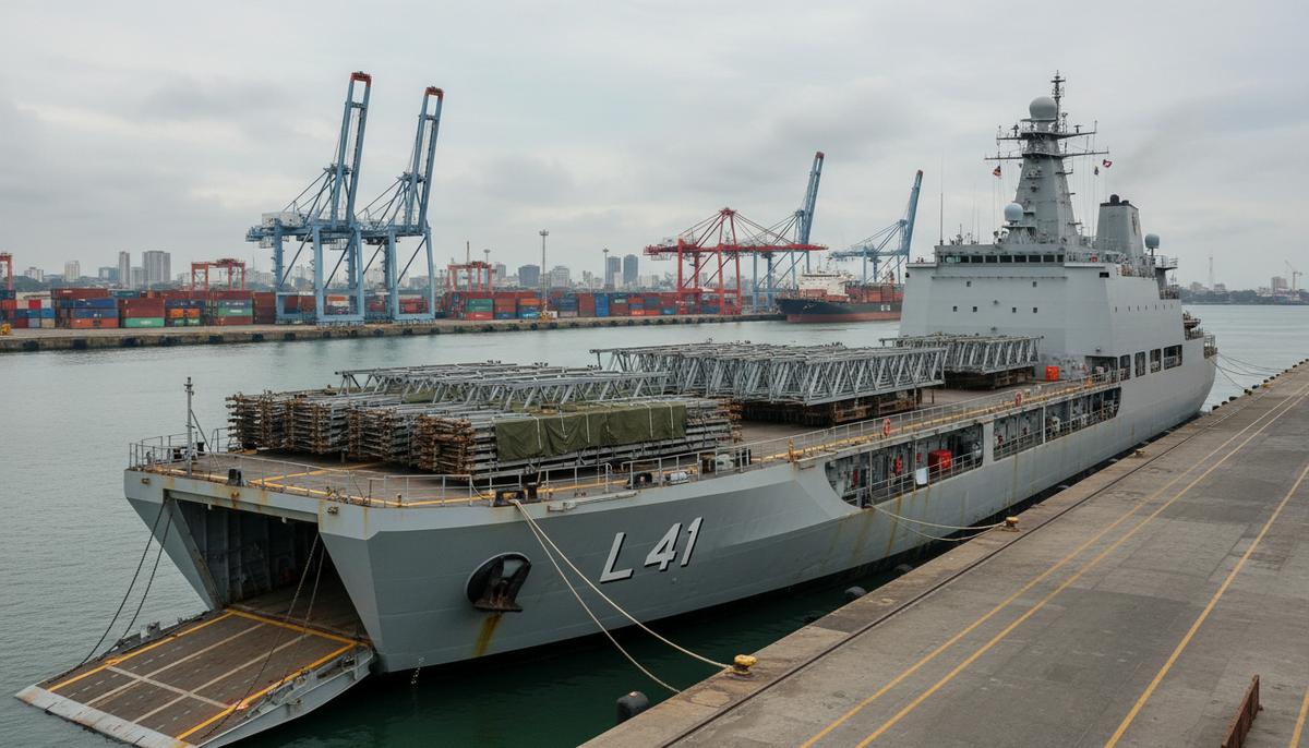 Индийский военный корабль в порту Коломбо с гуманитарным грузом – секциями мостов на палубе. На фоне видны портовые краны.