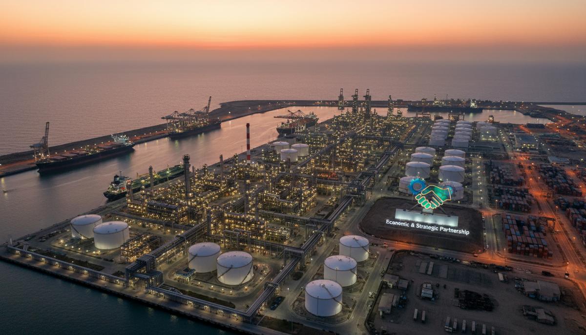 Современный морской порт Гвадар в Пакистане с высоты птичьего полета вечером, освещенный нефтеперерабатывающий завод и грузовые суда у причала.