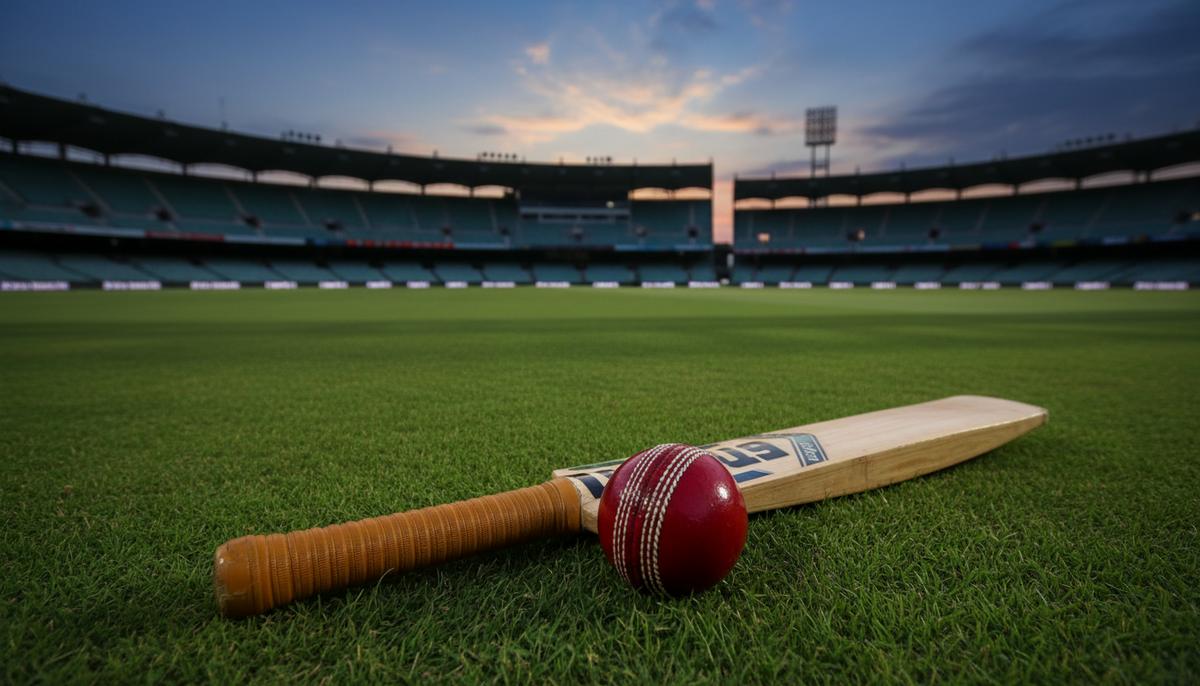 Красный мяч для крикета и деревянная бита лежат на зеленой траве игрового поля на фоне огромного пустого стадиона на закате.