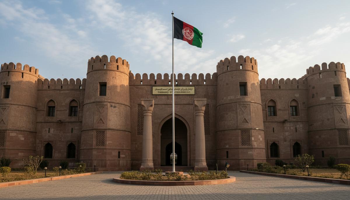 Фасад здания посольства Афганистана в Нью-Дели. На флагштоке развевается афганский флаг. Утреннее солнце.