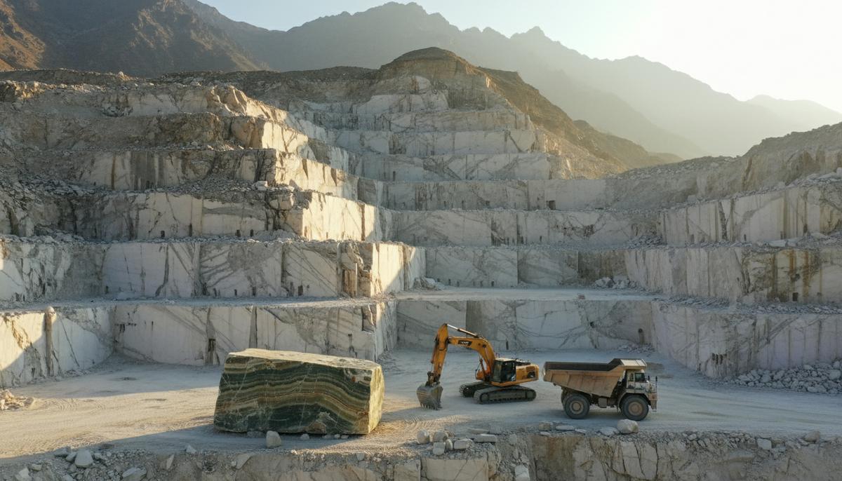 Огромный мраморный карьер в горах Пакистана с террасами из белого камня. На переднем плане находится большая глыба оникса и простаивающая карьерная техника.