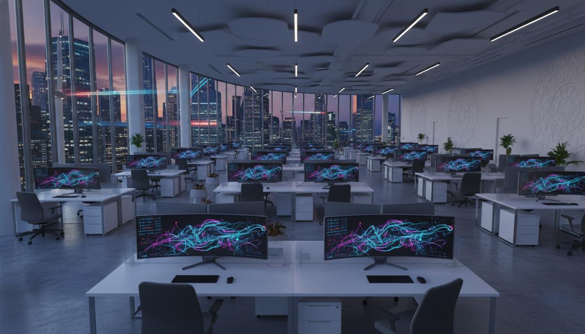 Современный пустой офис с рядами включенных компьютеров и окнами с видом на футуристический город вечером.