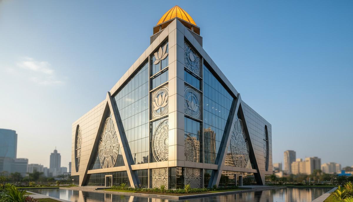 Тихая революция: как банковская система Индии стала опорой экономики Стеклянный фасад современного высотного здания банка в деловом районе индийского города на закате.