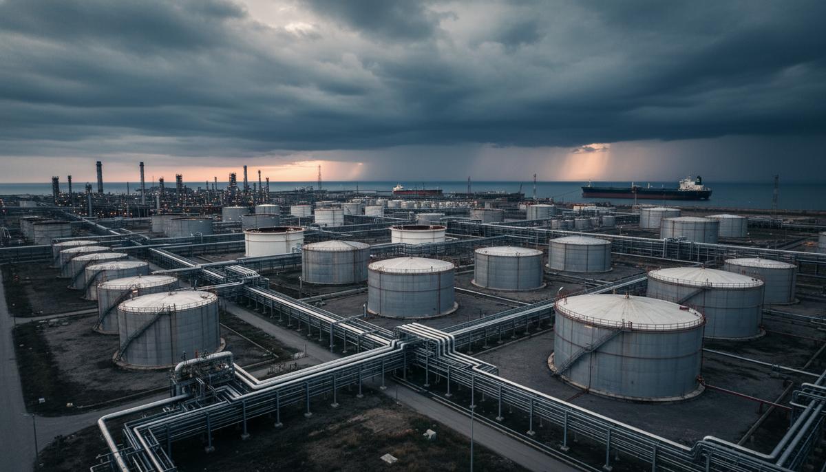 Промышленный пейзаж с нефтеперерабатывающим заводом, трубопроводами и резервуарами на фоне порта с нефтяным танкером.