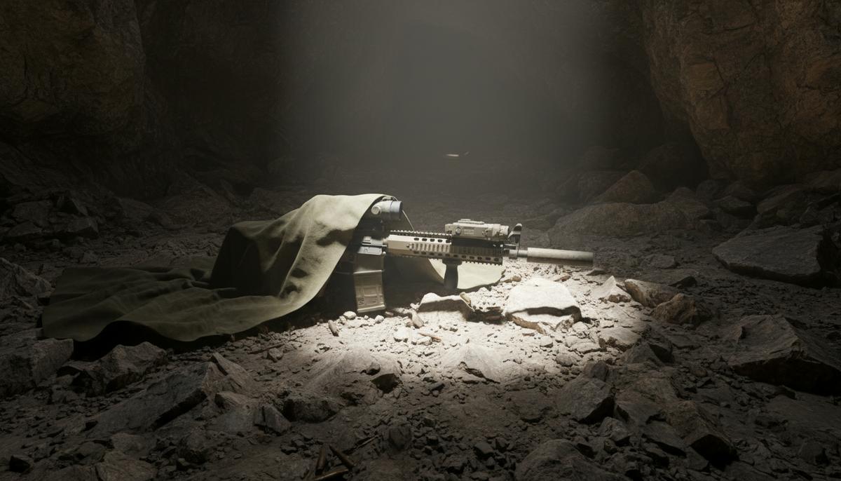 Отчет ООН: Афганистан рискует снова стать глобальным центром терроризма Современная штурмовая винтовка с прицелом ночного видения лежит на каменистом полу в темной пещере в горах Афганистана.