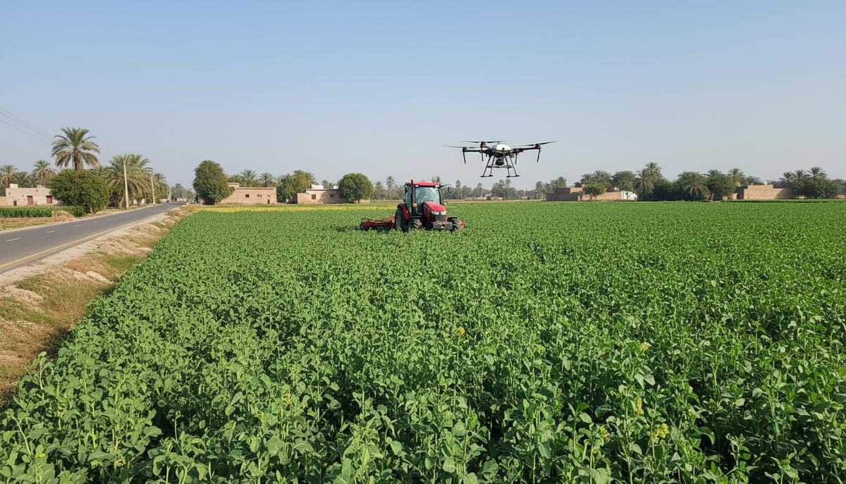 CPEC 2.0: аграрный поворот «железных братьев» Китая и Пакистана Бескрайнее поле цветущего рапса в сельской местности Пакистана. Рядом с полем проходит новая асфальтированная дорога, вдали видна современная сельхозтехника.