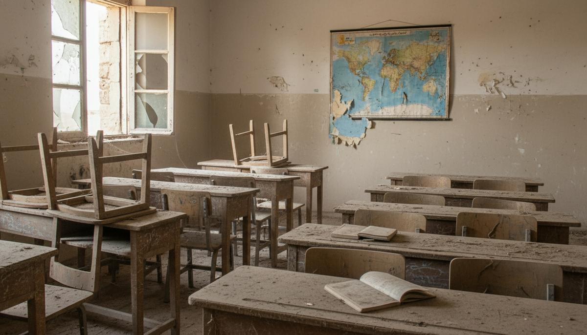 Пустой заброшенный класс в афганской школе. Пыльные парты, стулья и старая карта на стене.