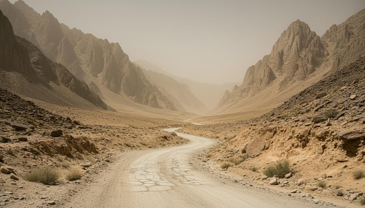 Пустынный горный перевал на границе Пакистана и Афганистана с извилистой грунтовой дорогой. Безлюдный, скалистый пейзаж.