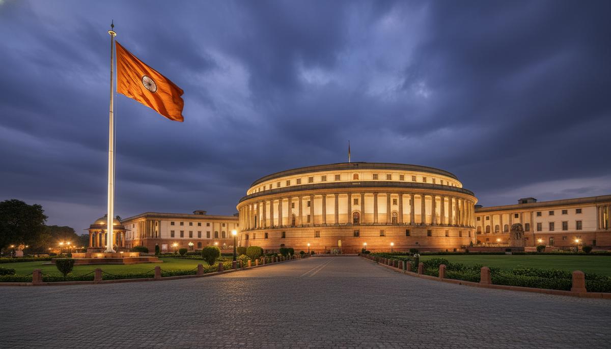 Политика Моди: раскол Индии и капитуляция перед Западом Здание парламента Индии в Нью-Дели в сумерках, рядом развевается шафрановый флаг, отбрасывающий длинную тень.
