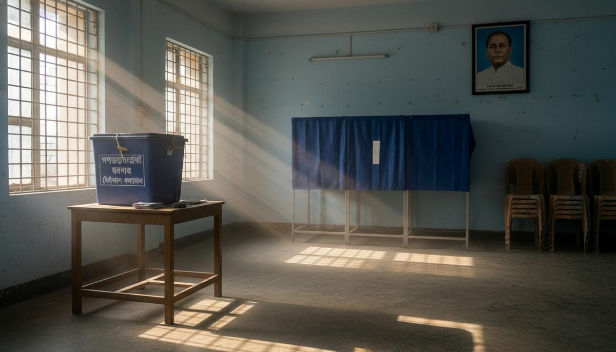 Пустой избирательный участок в Дакке, Бангладеш. Кабинки для голосования и урна для бюллетеней в тихой, залитой солнцем комнате.