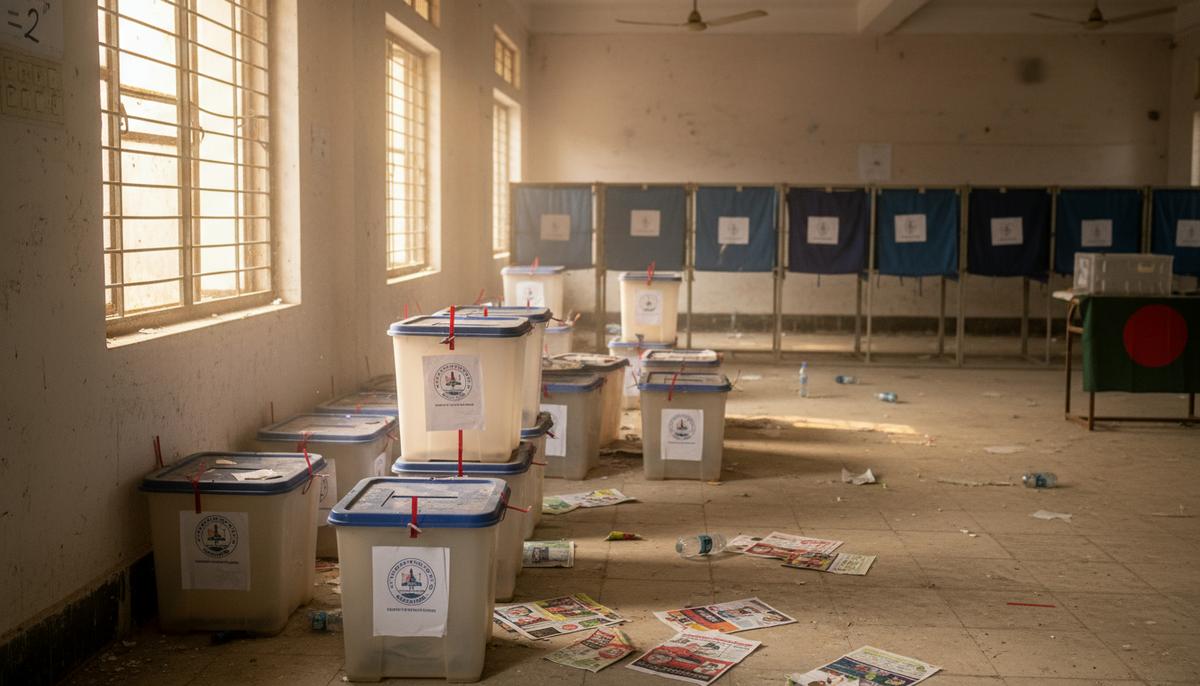 Победа БНП в Бангладеш: бывший изгнанник Тарик Рахман возглавил правительство Пустой избирательный участок в Бангладеш. Запечатанные урны для голосования, разбросанные на полу бюллетени и пустые кабинки.