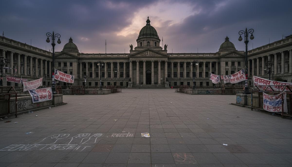 Пустая площадь перед правительственным зданием в Катманду, Непал, в сумерках. На заднем плане видны следы недавних протестов.