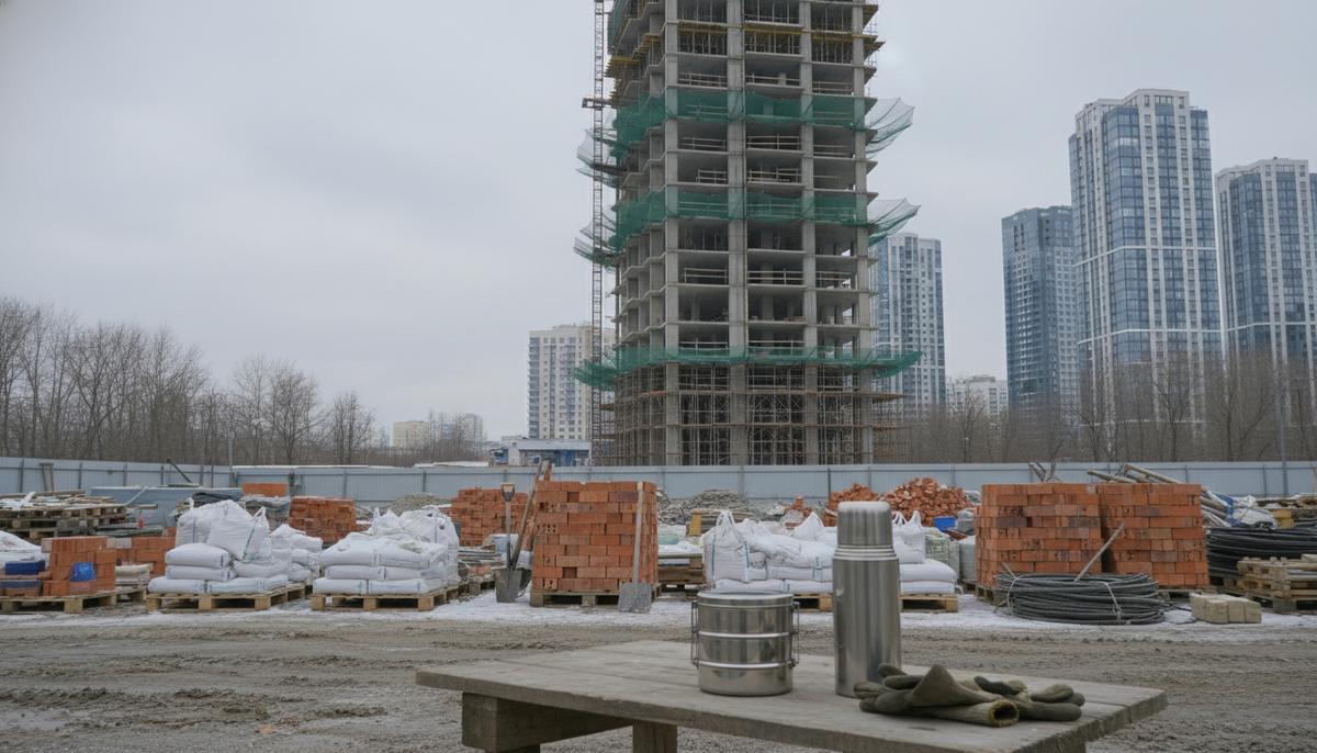 Пустая строительная площадка в российском городе в пасмурный день. На недостроенном здании видны строительные леса, рядом лежат стройматериалы. На столе стоит металлический ланч-бокс.