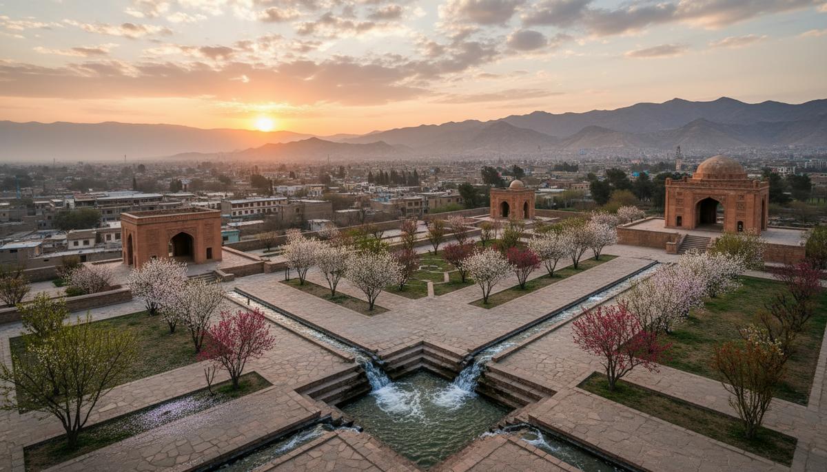 Многоуровневые сады Бабура в Кабуле с каменными водными каналами, цветущими деревьями и архитектурными павильонами на фоне холмов.