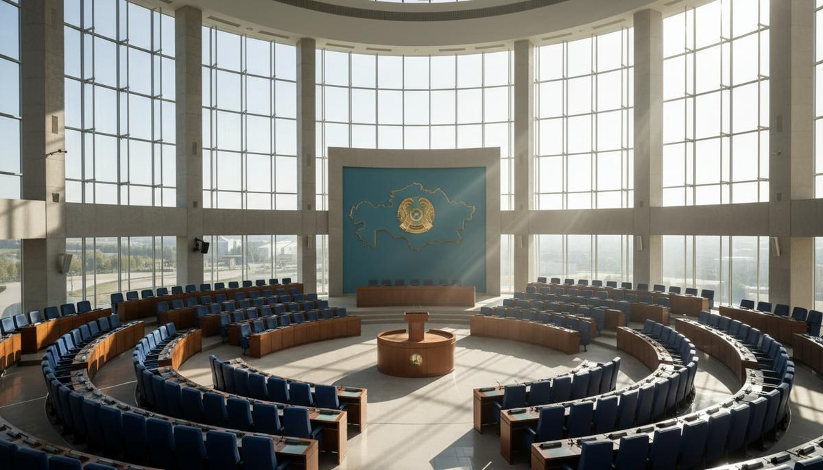 Пустой зал заседаний парламента Казахстана в Астане, залитый солнечным светом. В центре – трибуна, на заднем плане – герб страны.