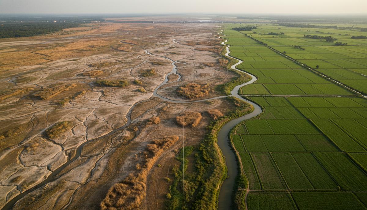 Бангладеш-Индия: оттепель после выборов или затишье перед бурей? Воздушный вид на реку Тиста на границе Индии и Бангладеш: пересохшее русло с одной стороны и зеленые поля с другой.