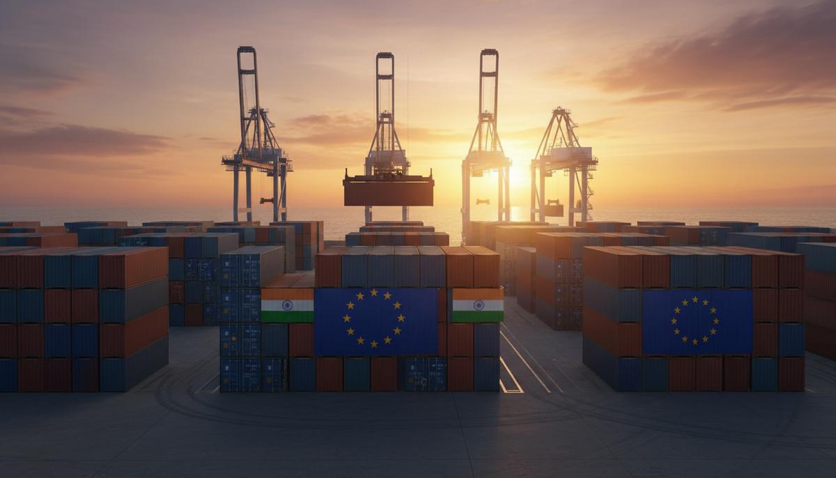 Современный индийский грузовой порт на закате. Ряды морских контейнеров, символизирующих торговлю между Индией и ЕС.