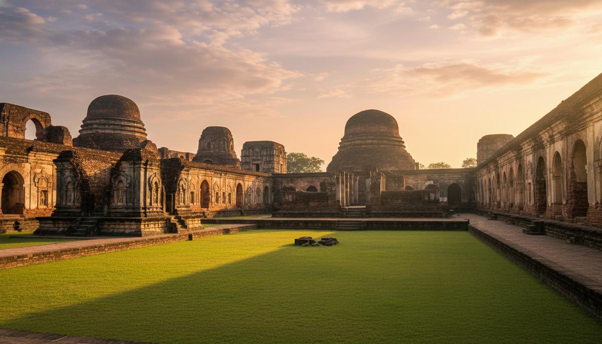 Древние руины университета Наланда в Индии на рассвете. Солнечный свет освещает старинные кирпичные строения и ступы.