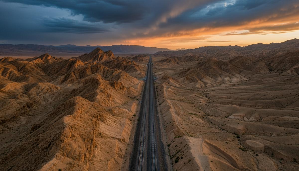 Новая Большая игра: как Евразия перекраивает карту мирового влияния Новая железная дорога и газопровод, проложенные через горный и степной пейзаж Центральной Азии на рассвете.