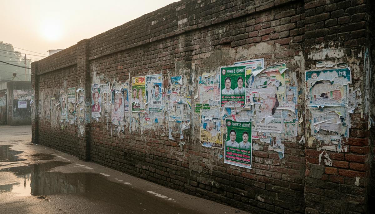 Пустая и мокрая улица в Дакке на рассвете. На старой кирпичной стене видны слои рваных и выцветших политических плакатов разных партий.
