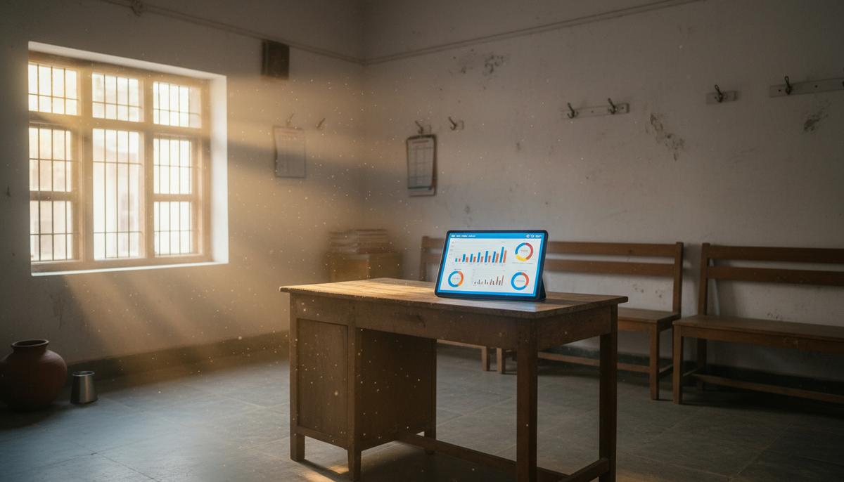 ИИ для миллиарда: как Индия намерена изменить мир технологий Пустой сельский медицинский кабинет в Индии. На столе светится экран планшета с графиками данных на фоне солнечного света из окна.