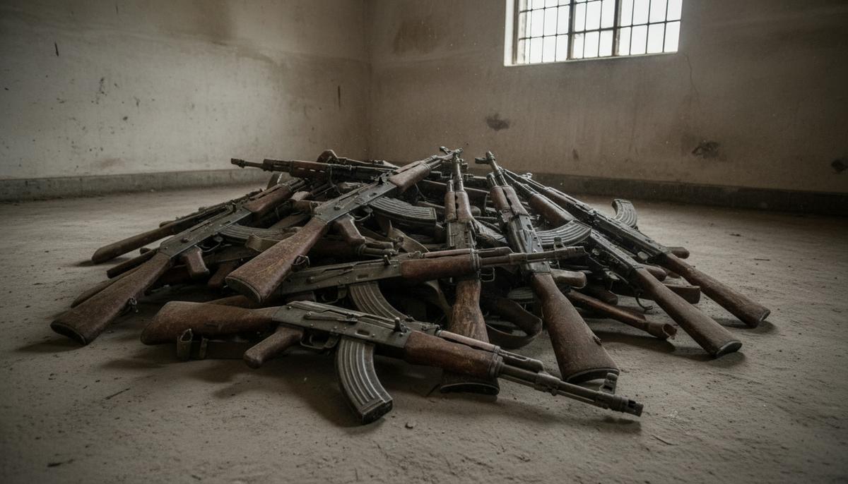Сданное повстанцами оружие, включая автоматы и винтовки, аккуратно разложенное на бетонном полу в помещении.