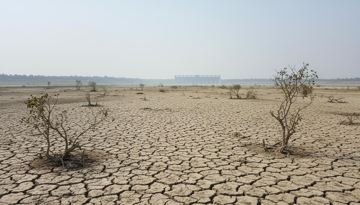 Пересохшее русло реки Падма в Бангладеш с потрескавшейся землей, на горизонте видна плотина Фаракка на фоне мглистого неба.