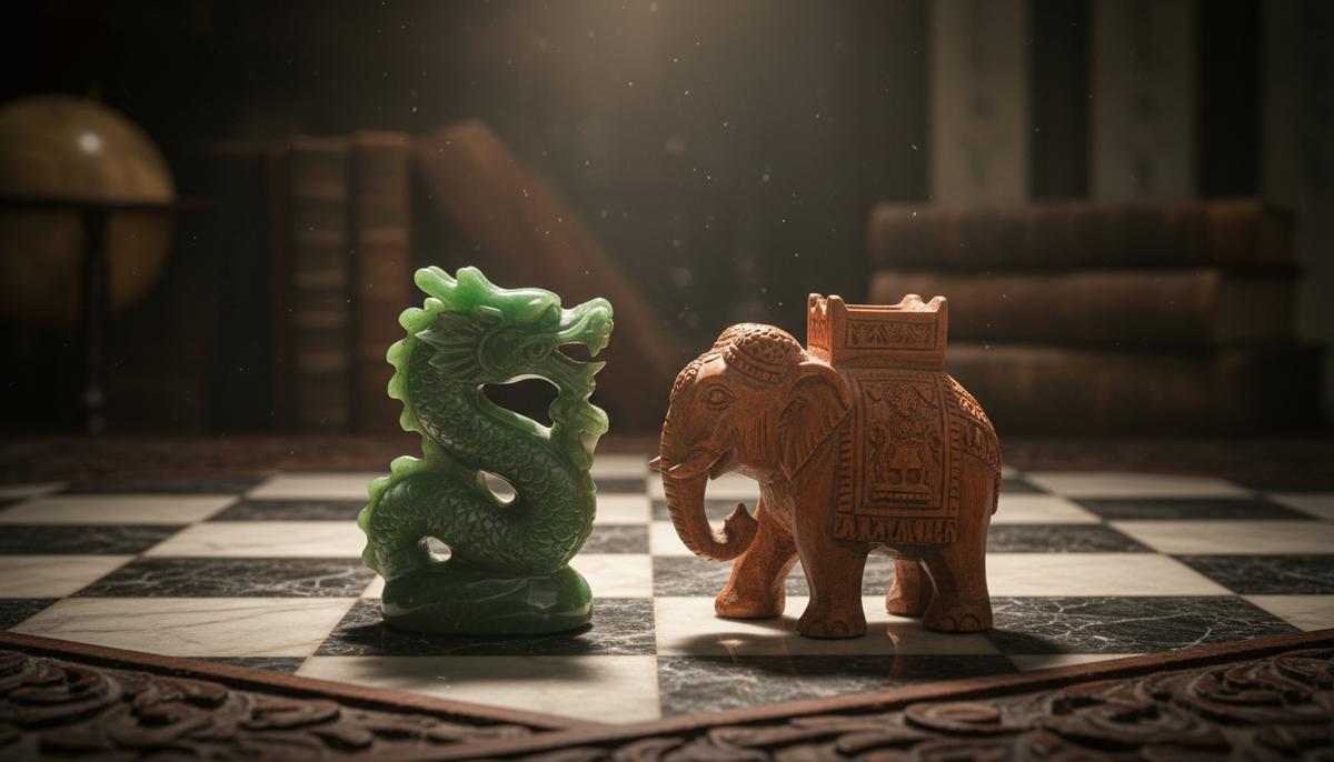 Шахматная доска, на которой друг другу противостоят фигурки китайского дракона и индийского слона.