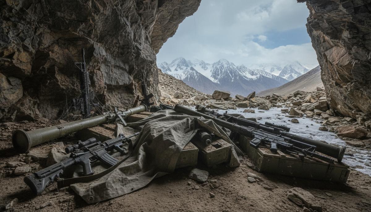 Тайник с современным оружием, автоматами и гранатометами, в скалистой пещере в горах Афганистана.
