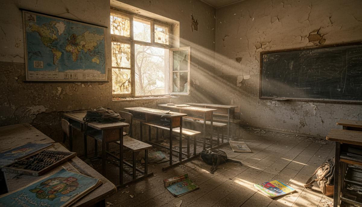 Заброшенный школьный класс в Афганистане. Солнечный свет падает через пыльное окно на перевернутые парты и разбросанные учебники.
