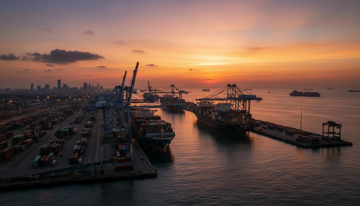 Порт Коломбо в Шри-Ланке на закате. Крупные контейнеровозы у причалов, портовые краны загружают и выгружают грузы.