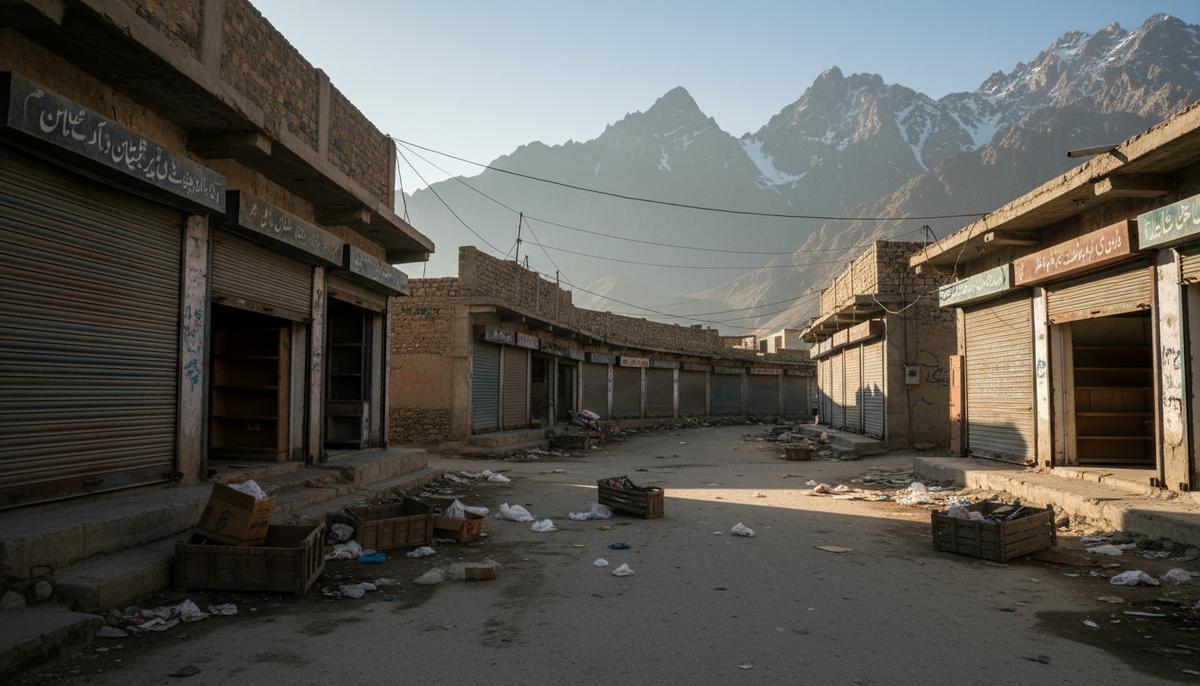 Пустынная улица с закрытыми магазинами в горах Пакистана, символ экономических последствий конфликта.