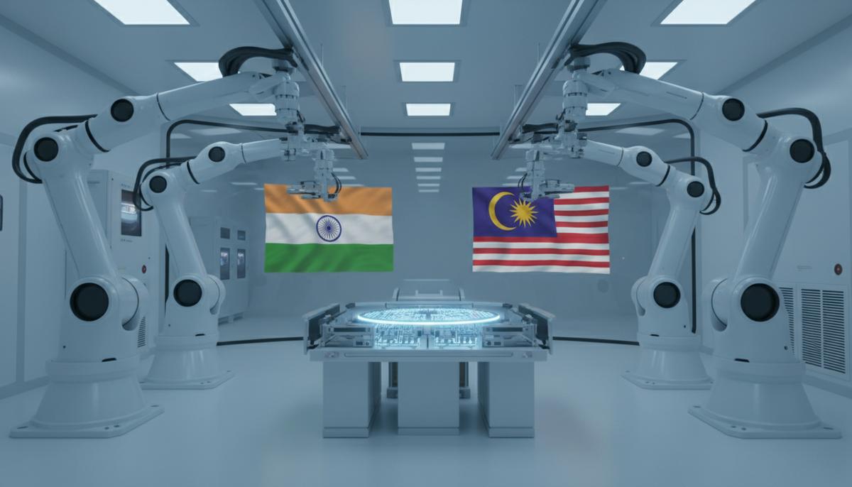 Индия и Малайзия: новый технологический альянс меняет будущее Азии Роботизированные манипуляторы в стерильном цеху собирают микросхемы на кремниевой пластине на фоне флагов Индии и Малайзии.