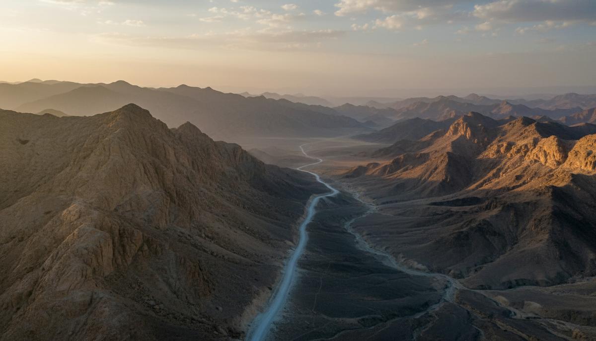 Геополитика выживания: почему Пакистан боится хаоса в Иране Суровый горный пейзаж на границе Пакистана и Ирана. Пыльная дорога уходит вдаль среди скалистых вершин под тревожным небом.