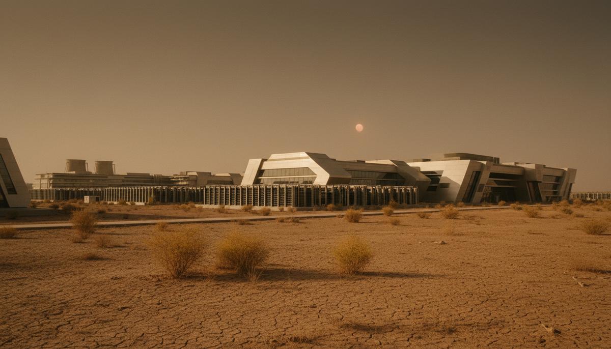 Дата-бум в Индии: миллиардные инвестиции на фоне нехватки воды и энергии Современное здание дата-центра, расположенное в засушливой местности с потрескавшейся землей в Индии.