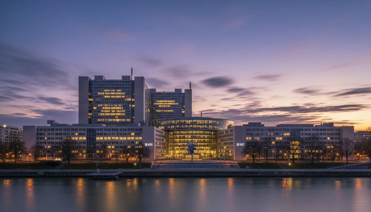 Венский международный центр, где расположена штаб-квартира МАГАТЭ, в вечернем освещении на фоне заката.