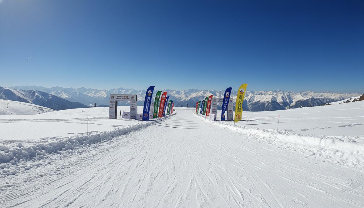 Заснеженные горные склоны Гульмарга в солнечный день. На снегу видны лыжные следы и яркие флаги для соревнований.