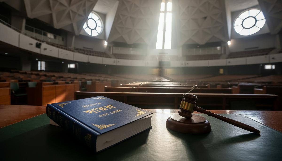 Книга с Июльской хартией и судейский молоток на столе в пустом зале заседаний парламента Бангладеш в лучах утреннего света.