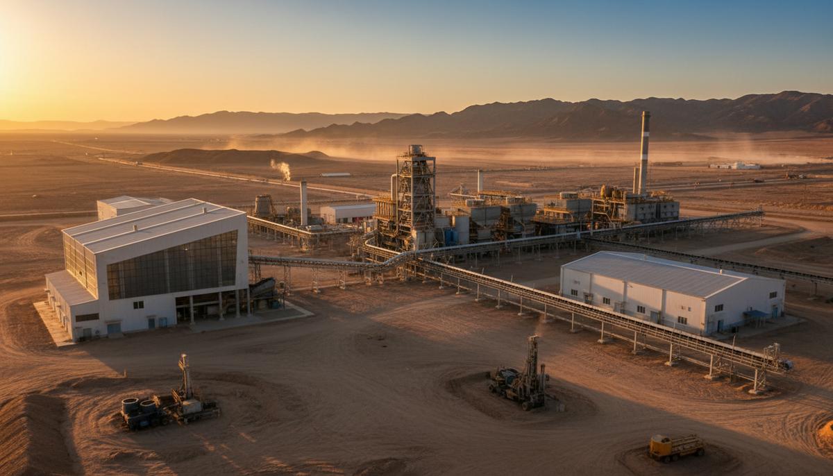 Новый горизонт: как Узбекистан и США договорились об инвестициях Современный комплекс по переработке полезных ископаемых на фоне пустынного пейзажа Узбекистана на рассвете.