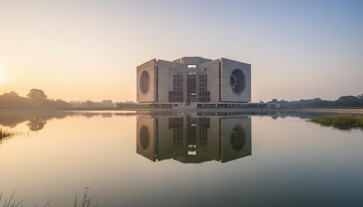 Здание Национального парламента Бангладеш в Дакке на рассвете. Монументальная архитектура отражается в спокойной воде.