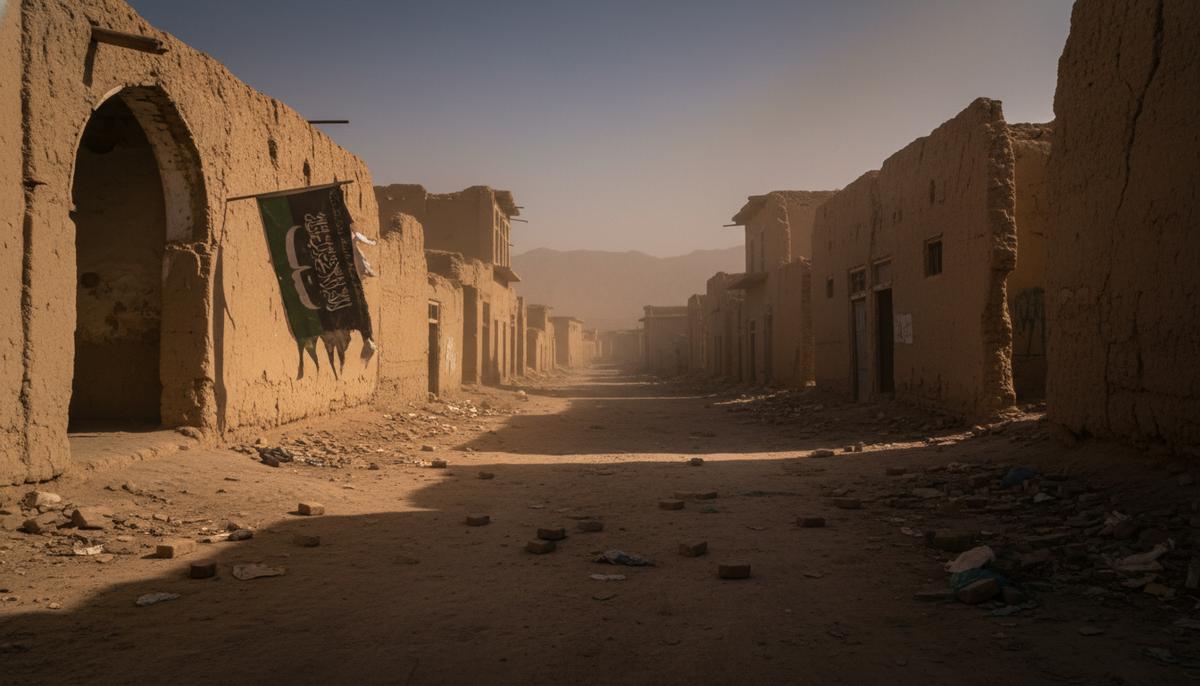 Заброшенная пыльная улица в афганском городе на закате. На полуразрушенном здании висит потрепанный флаг Талибана.