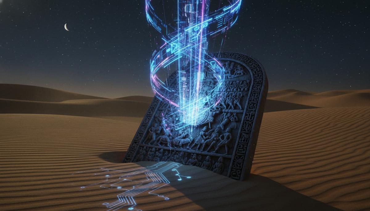 Древняя каменная плита с резьбой, наполовину в песке пустыни, из которой исходят светящиеся голографические потоки данных.