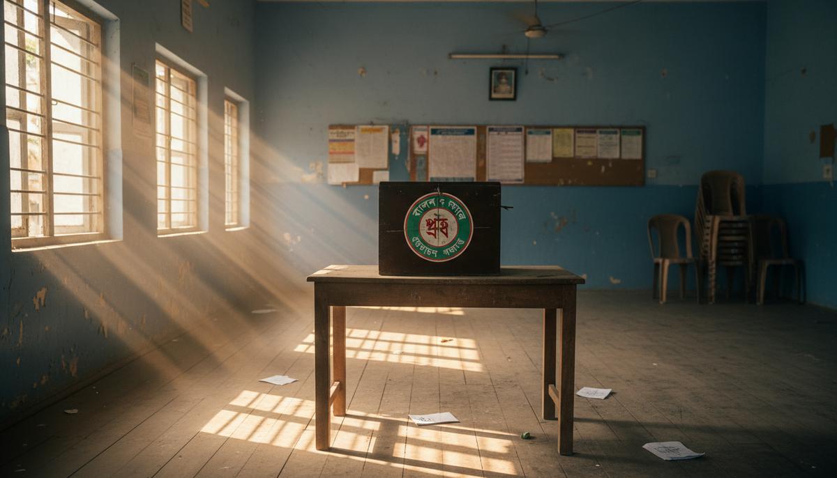 Пустой избирательный участок в Бангладеш после голосования. Деревянная урна для бюллетеней на столе, на полу разбросаны бумаги.