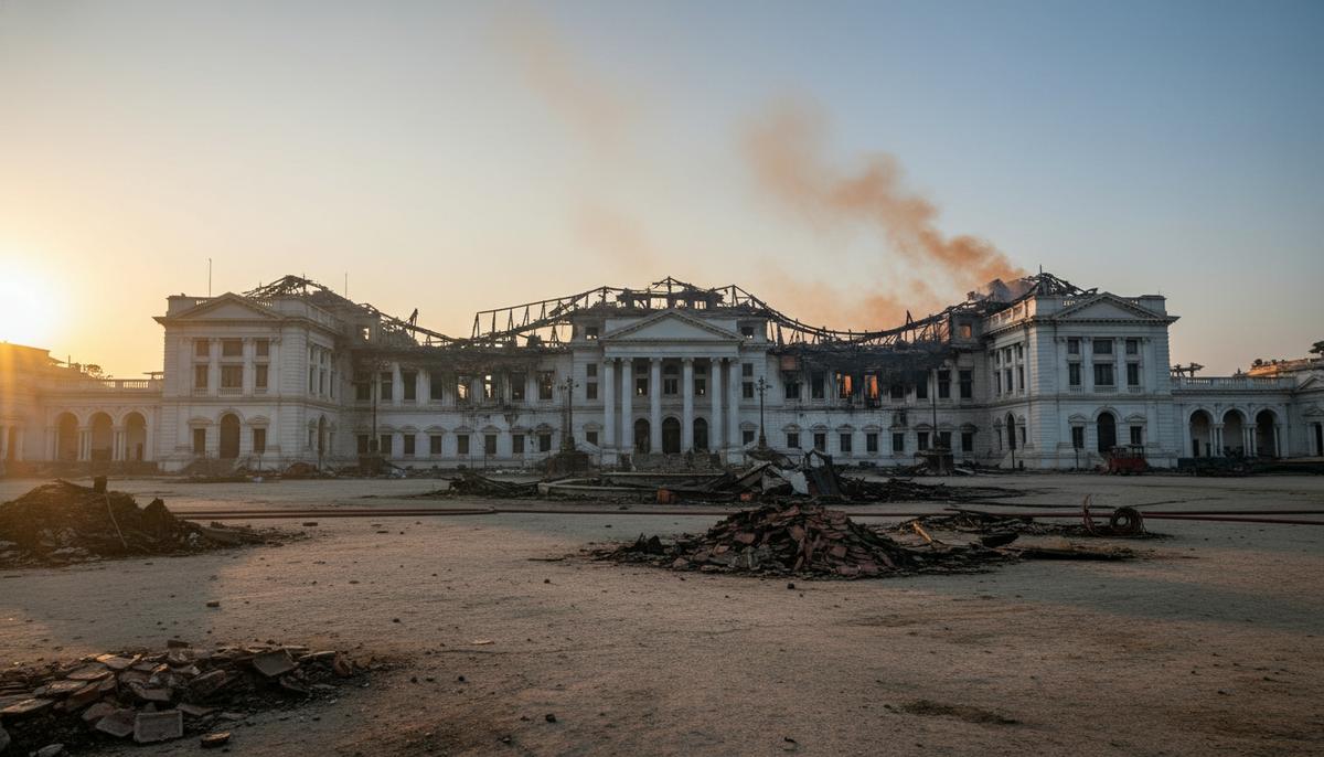 Дворцовый комплекс Сингха Дурбар в Катманду с повреждениями от пожара. Раннее утро, на земле видны обломки и следы разрушений.